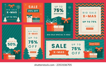 Winter holiday templates.Winter sale social media post frame with shapes and icons of christmas tree, snowflakes and red berries.Vector illustration for mobile apps, banner design and internet ads