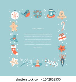 Winter holiday text circle flat hand drawn frame, border with Christmas symbols. Gift, candle, gingerbread man, Poinsettia, Christmas decoration etc. Vector template