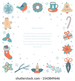 Winter holiday text flat hand drawn frame on a white background, border with Christmas symbols. Christmas vector template. Gift, candle, gingerbread man, Poinsettia etc.
