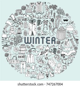 Winter Holiday Theme. Big Set Hand Drawn Clothes and Accessories in Circle. Warm and Cozy Mood. 