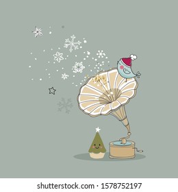 winter holiday theme, little bird standing and singing on gramophone