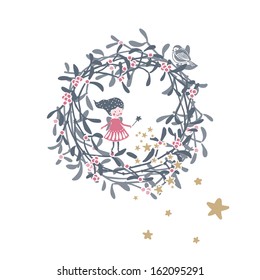 winter holiday theme with little fairy and mistletoe wreath
