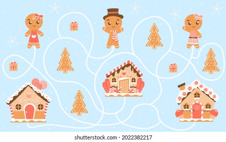 Winter holiday themed printable worksheet for kids with gingerbread houses and characters, colourful children game