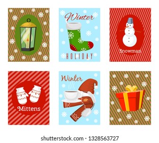 Winter holiday time set of banners, cards vector illustration. Nature landscape with Christmas tree, snowman lantern hat scarf, present. Happy New Year greetings. Winter.