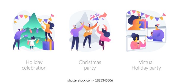 Winter Holiday Tradition Abstract Concept Vector Illustration Set. Holiday Celebration, Christmas Party, Virtual Holiday Party, Home Decoration, Corporate Event, Online Greeting Abstract Metaphor.