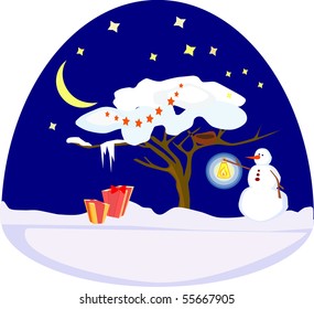 Winter holiday tree with snowman in the night