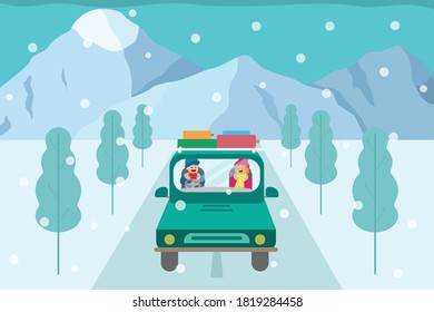 Winterurlaubsreise-Vektorkonzept: Schönes Ehepaar, das den Winter mit dem Auto am Schneetag auf der Straße genießt