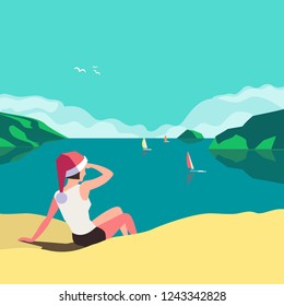 Winter holiday vacation concept. Retro poster in pop art style. Christmas season fun and rest. Happy girl in Santa hat on seaside beach coast. Vector new year tourist trips advertisement background