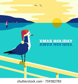 Winter holiday vacation concept. Retro poster in pop art style. Christmas season fun and rest. Seagull in Santa hat on blue calm sea coast. Vector new year tourist trips relax advertisement background