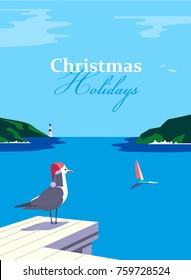 Winter holiday vacation concept. Retro poster in pop art style. Christmas season fun and rest. Seagull in Santa hat on blue calm sea coast. Vector new year tourist trips relax advertisement background