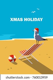 Winter holiday vacation poster. Retro poster in pop art style. Christmas season fun and rest. Seagull in Santa hat on blue calm sea coast. Vector new year tourist trips relax advertisement background