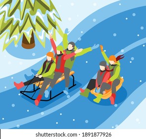 Winter holiday vacations outdoor fun isometric composition with children adults friends joyfully sledding down hill vector illustration