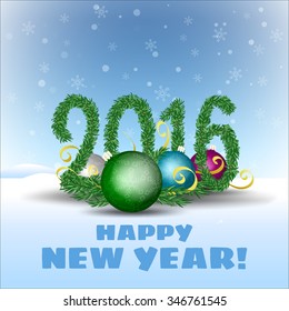 Winter holiday vector background with fir branch and balls.