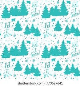Winter Holiday vector background with snow, Christmas trees, Let it snow text.