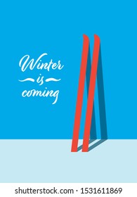 Winter holiday vector card template with skis against the wall. Skiing flyer, minimalist art design. Eps10 illustration.