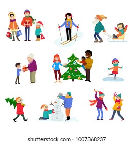 Winter holiday vector cartoon family characters kids play in wintertime with xmas tree and gifts for celebrating Christmas family illustration isolated vacation people in sport activity ski skate