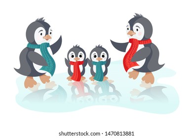 Winter Holiday vector christmas card blank template cute penguins family. Merry christmas flat vector illustration for landing page template, web banner, infographics, hero images