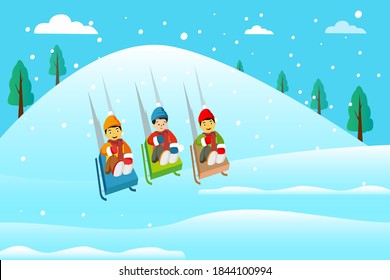 Winter holiday vector concept: Children sledding on the snow together while enjoying their holiday