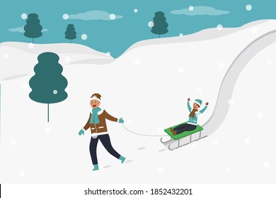 Winter holiday vector concept: Grandfather and little boy playing sledge together while enjoying quality time in winter holiday