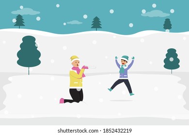 Winter holiday vector concept: Grandmother and grandson blowing snow in the park while enjoying leisure time