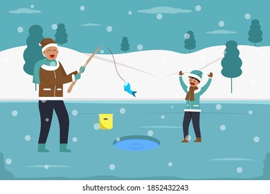 Winter holiday vector concept: Little boy and grandfather fishing in the frozen lake together