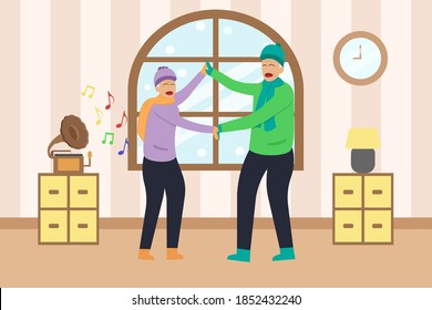 Winter holiday vector concept: Senior couple dancing together at home while enjoying quality time in winter holiday