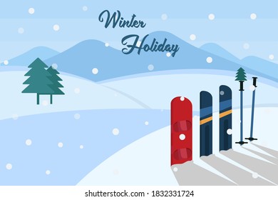 Winter holiday vector concept: Skateboard in the nature with word of winter holiday
