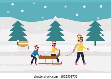 Winter holiday vector concept: Young mother pulls her daughter on the sleigh while her son pushing the sleigh