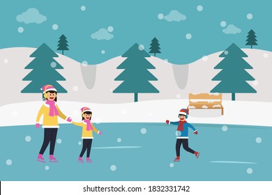 Winter holiday vector concept: Young mother and her cute children play ice skating together while enjoying holiday