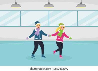 Winter holiday vector concept: Young man and woman enjoying quality time while playing ice skating together during winter time