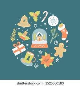 Winter holiday vector flat illustration. Circle hand drawn frame with traditional attributes of winter holidays. Christmas greeting card,  invitation, poster, banner clipart, t-shirt print