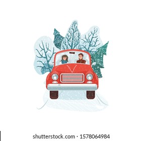 Winter holiday vector illustration. Happy man driving old red car. People ride the road on a winter tourist trip. Tree forest landscape with auto isolated on white background.