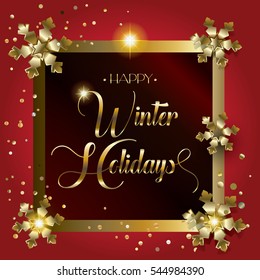 Winter Holiday vector illustration. Merry Christmas and Happy New Year greeting card with glitter, gold snowflakes, sparkles, gold frame, light effect. Christmas decoration.