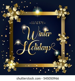 Winter Holiday vector illustration for Merry Christmas and Happy New Year greeting card. Festive Christmas decoration with glitter, gold snowflakes, sparkles, luxury gold frame, confetti, light effect