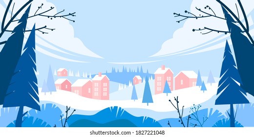 Winter holiday vector landscape with snow, pine trees silhouette, village in drifts, hills. Christmas holiday background with small town, forest, clouds. Winter panoramic landscape with buildings