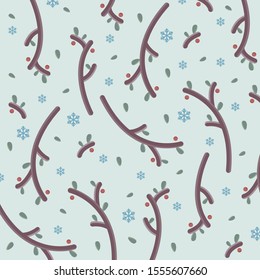 Winter holiday vector pattern. Pattern with mistletoe branches and snowflakes on a blue background.