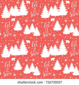 Winter Holiday vector red seamless pattern background with Let it snow quote, trees, snowflakes.
