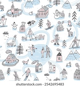 Winter holiday in the village with people skiing, dogs, animals, houses illustrations line seamless pattern.