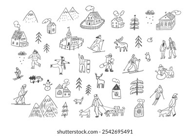 Winter holiday in the village with people skiing, dogs, animals, houses illustrations line set.