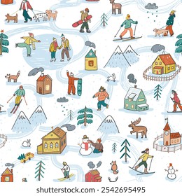 Winter holiday in the village with people skiing, dogs, animals, houses illustrations seamless pattern.