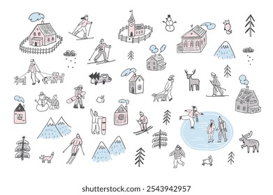 Winter holiday in the village with people skiing, dogs, animals, houses illustrations line set.