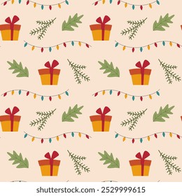 Papel de parede de férias de inverno com caixas de presente e grinalda. Padrão perfeito com elementos de decoração de Natal. Textura para têxteis com ramos holly e abeto.