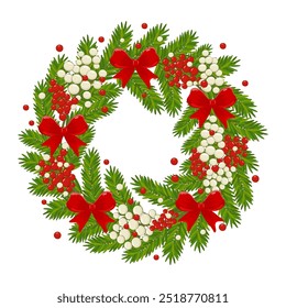 A winter holiday wreath featuring red poinsettias, white berries, and vibrant green foliage A beautiful seasonal design. Vector illustration.