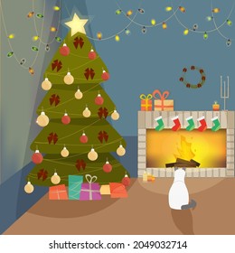 winter holidayc interior. the cat looks at the fire. vector illustration.