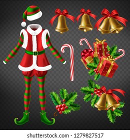 Winter holidays 3d realistic vector icons set. Elf empty costume, Christmas bells with red ribbon and holly leaves, caramel candy cane and gifts boxes illustrations isolated on transparent background