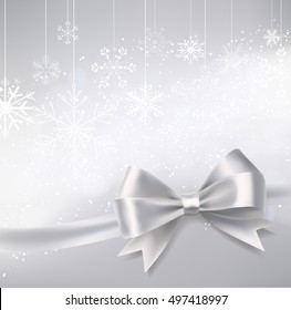 winter holidays abstract background with snowflakes, silver ribbon and flowing lights effects. vector design template