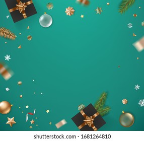 Winter holidays accessories with golden confetti on a table