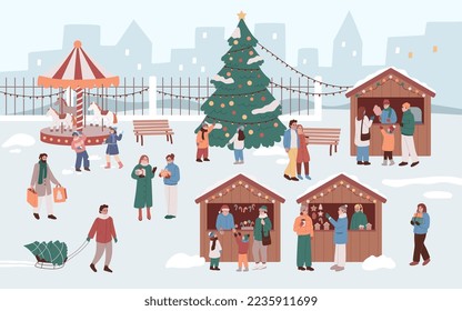 Winter holidays activity and leisure. Christmas fair. Christmas market. Family, people, buying treats, having fun, shopping, drinking and eating. New year market. Celebration, holidays outdoors.