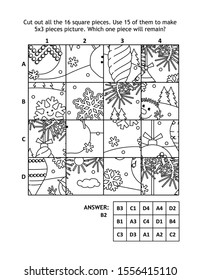 Winter holidays activity page. Cut out all the 16 square pieces. Use 15 of them to make 5x3 pieces picture. Which one piece will remain? Answer included.