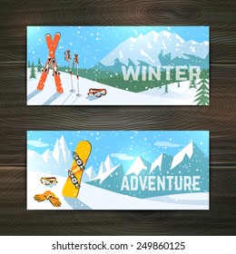 Winter  holidays alpine skiing  landscape with goggles gloves and poles horizontal banners set abstract isolated vector illustration